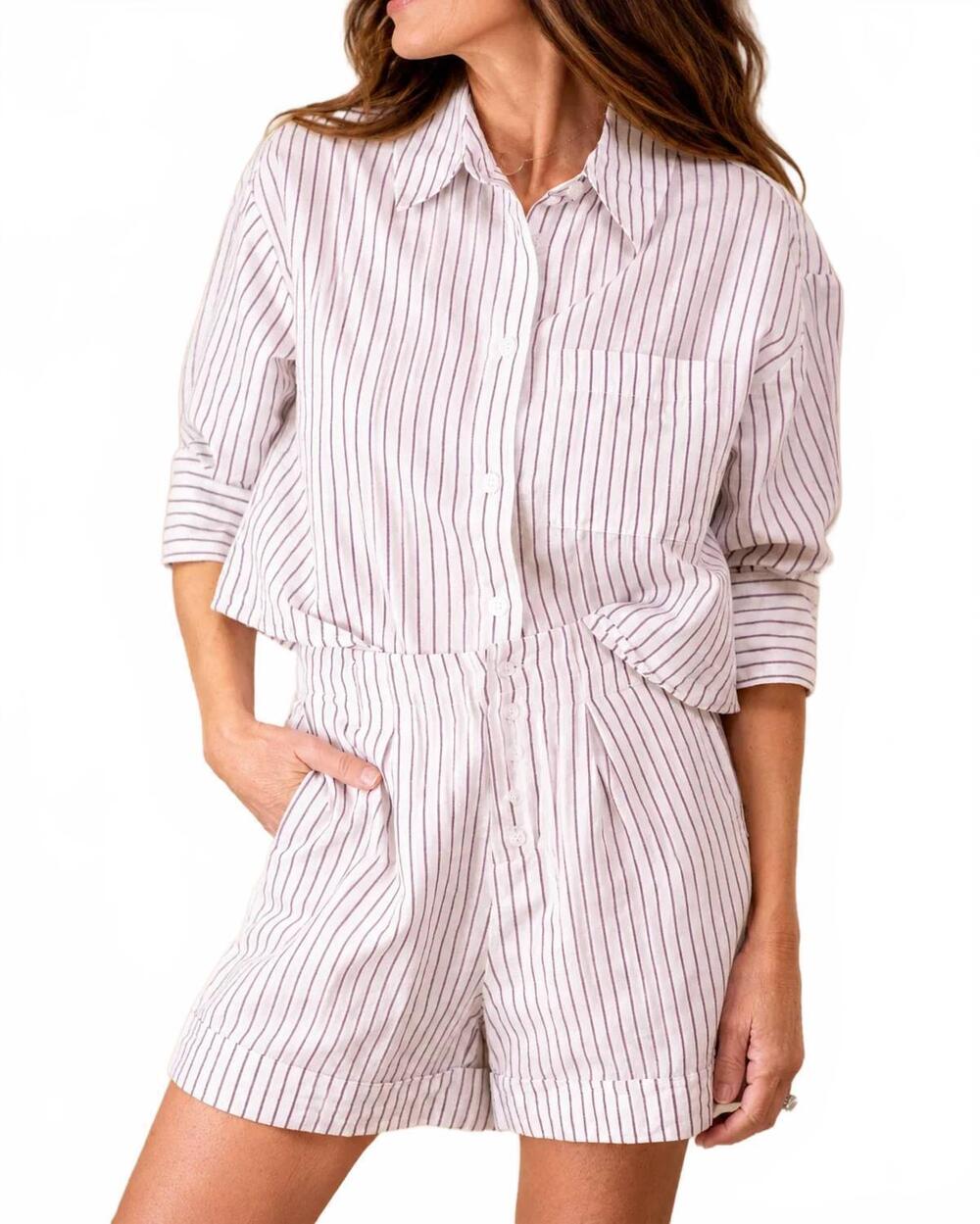NEW VELVET HEART linen blend shorts in white / berry stripe